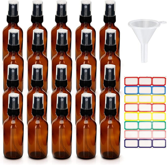 24 Pack Amber Glass Spray Bottles 2 oz Small Empty Fine Mist Spray Bottle with Funnel and Label for Travel, Essential Oils