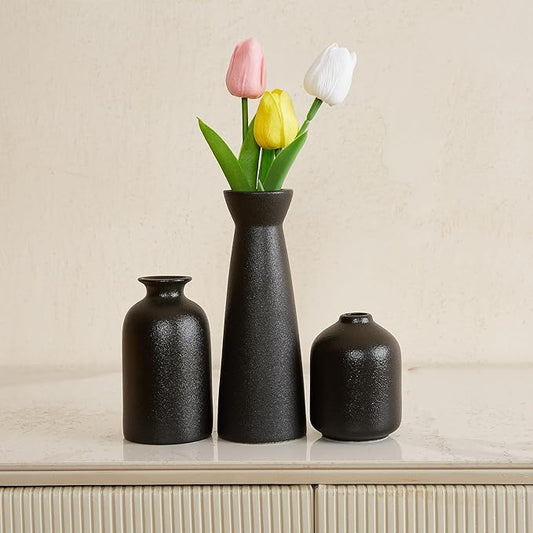 Black Ceramic Vase Set of 3,Small Boho Vase for for Decor,Matte Frosted Texture Finish,Modern Rustic Farmhouse Home Decor,Decorative vase for Pampas Grass&Dried Flowers,Shelf,Table,Mantel,Entryway