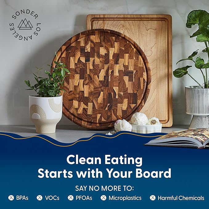 Sonder LA, End Grain Teak Wood Cutting Board 15" Round 1.5" Thick with Juice Groove and Built-in Handles, Charcuterie Serving Board (Gift Box Included)