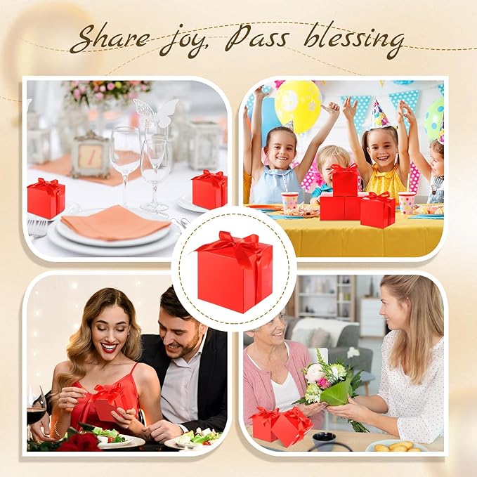 48 Pcs Christmas Gift Boxes with Ribbon Small Party Favor Boxes with Lids Mini Treat Candy Container for Wedding, Party, Birthday, Valentine's Day and More(Red,4 Inch)
