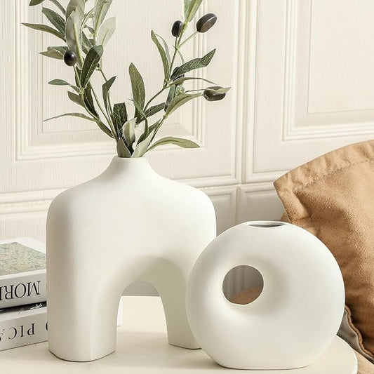 Ceramic Vase Set of 2, Modern Donut Vases for Minimalist Nordic Home Decor, Waterproof Round Vase, Decorative Centerpiece Vases for Room, Entryway, Bookshelf, Table Decor (Matte OffWhite)