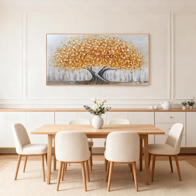 Gold Tree of Life Canvas Wall Art, Modern Abstract Textured Painting, Large Framed Panoramic Landscape Artwork for Living Room, Bedroom, Office, Home Decor 48"x24"