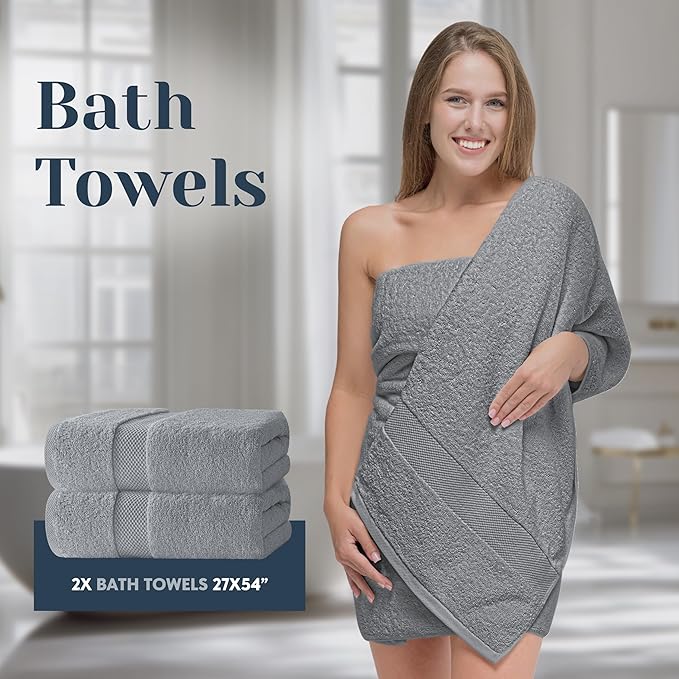 White Classic Luxury Bath Towel Set of 8 Pieces - 100% Turkish Cotton Highly Absorbent Towels for Bathroom, 2 Luxury Bath Towels 700GSM, 2 Hand Towels, 4 Washcloths, Dolphin Gray