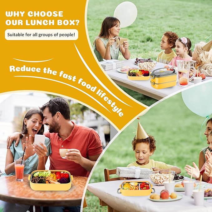 Bento Lunch Box for Kids Women Men, 47oz 2-Compartment Snack Salad Metal Food Prep Pack Container for Lunch, Stainless Steel 2 Layers Stackable Lunch Containers with Lids for Adults and Teens Yellow