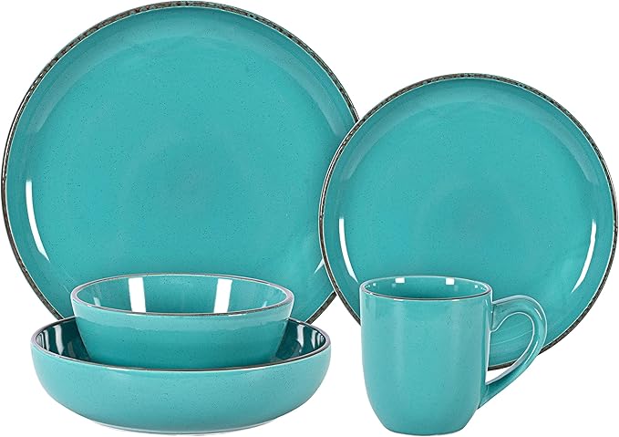 Stoneware Euro-Nordic 20pc Dinnerware Set, Shiny Turquoise Glaze with Speckle Effect