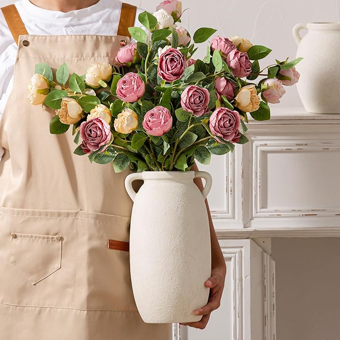 Ceramic Flower Vase 12 inch Farmhouse Rustic Vase Decorative Pottery Terracotta Tall Vases for Home Decor Table Mantle Fireplace Living Room Bathroom Wedding Centerpiece(Large-White)