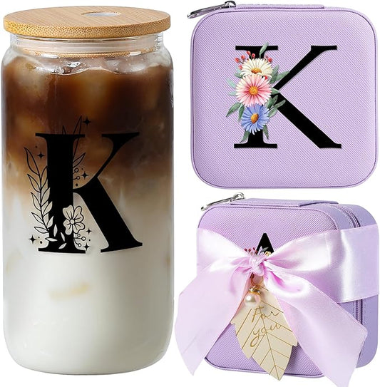 AYGXU Bridesmaid Gifts for Wedding Day,Bridesmaid Proposal Gifts,Drinking glass with Bamboo Lids and Straw,Jewelry Organizer,Travel Essentials Small Jewelry Box,Initial K purple