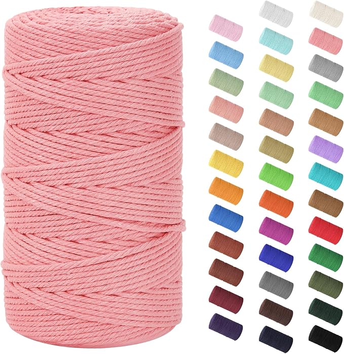 HOMEBOBO Macrame Cord 3mm x 220Yards (656Feet)Natural Cotton Macrame Rope - 4 Strands Twisted Macrame Cotton Cord for Wall HangingPlant HangersCraftsGift Wrapping and Wedding DecorationsDark Pink