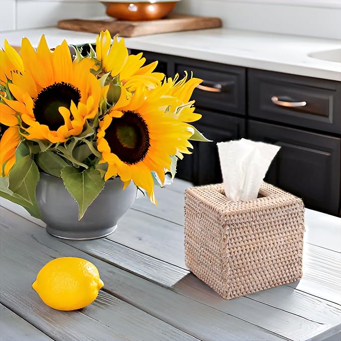 2 Pack Rattan Tissue Box Cover Square, Wicker Tissue Box Holder, Decorative Woven Facial Tissue Holder for Bathroom, Kitchen, Living Room, Bedroom (5.5 x 5.5 x 5.7 inch, Whitewash)