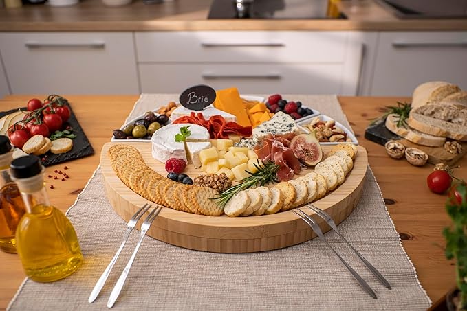 ChefSofi Charcuterie Cheese Board and Platter Set - Made from Bamboo Wood - US Patented 16 inch Cheese Cutting Board and Knife for Entertaining and Serving - 4 Knives - 5 Bowls - 2 Markers - 4 Forks