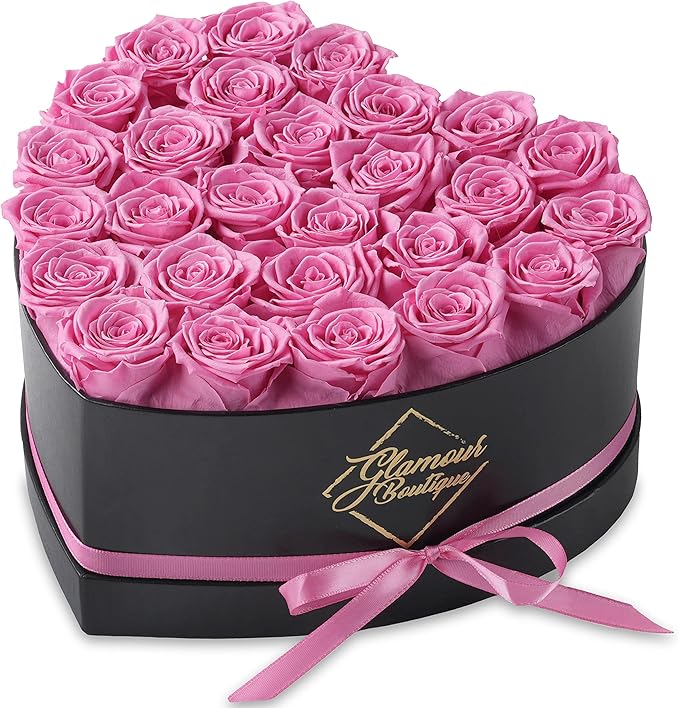 GLAMOUR BOUTIQUE 27 Flower Forever Heart Shape Box - Preserved Roses Gift for Her, Preserved Flowers, Pink