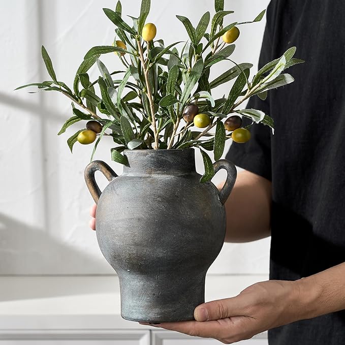 LUKA Antique Ceramic Vase with 2 Handle,7.28 inches Rustic Vase Minimalist Decor, Decorative Vases for Home Decor, Table, Living Room, Shelf, Christmas Decoration(Medium,Black)