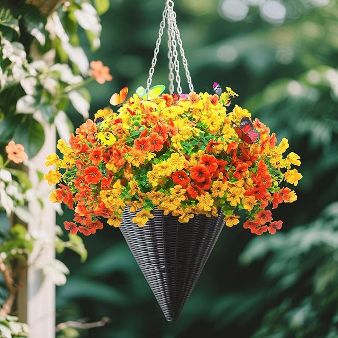 20 Bundles Artificial Flowers for Outdoors‌ with 6 Faux Butterflies, UV Resistant Fake Flowers‌ with Eucalyptus Leaves, Artificial Plants Outdoor‌ for Patio Garden Porch Home Decor (Orange Yellow)