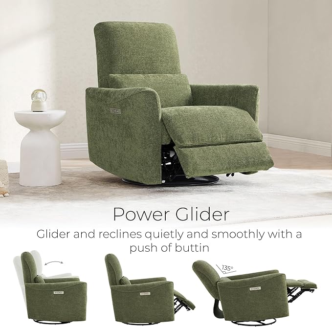 CHITA Power Recliner Chair Swivel Glider, FSC Certified Upholstered Living Room Nursery Reclining Sofa Chair with Lumbar Support, Green