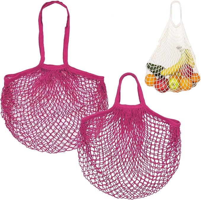 2-Pack Cotton Mesh Bag, Reusable Washable Mesh Net String Grocery Bags, Reusable Produce Bags with Handle, Net Tote Bag for Fruits/Vegetables Shopping [Rose Red, Long&Short Handle]