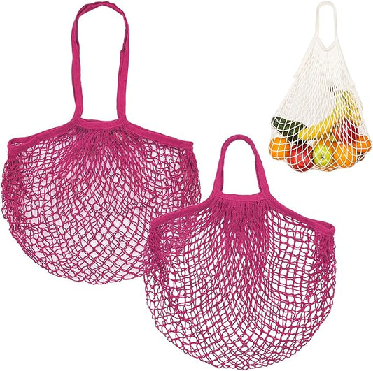 2-Pack Cotton Mesh Bag, Reusable Washable Mesh Net String Grocery Bags, Reusable Produce Bags with Handle, Net Tote Bag for Fruits/Vegetables Shopping [Rose Red, Long&Short Handle]