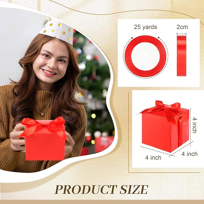 48 Pcs Christmas Gift Boxes with Ribbon Small Party Favor Boxes with Lids Mini Treat Candy Container for Wedding, Party, Birthday, Valentine's Day and More(Red,4 Inch)
