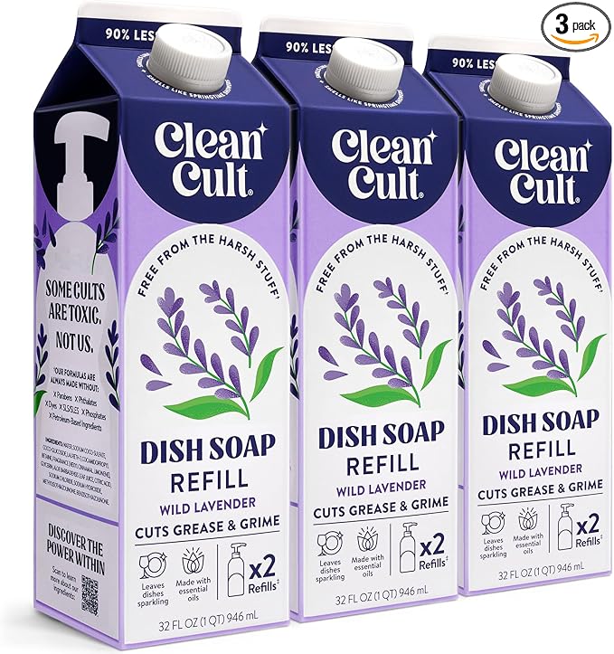 Cleancult Dish Soap Liquid Refills (32oz, 3 Pack) - Plant Based Cleaning Power - Dish Soap that Cuts Grease & Grime - Free of Harsh Chemicals - Uses 90% Less Plastic - Wild Lavender