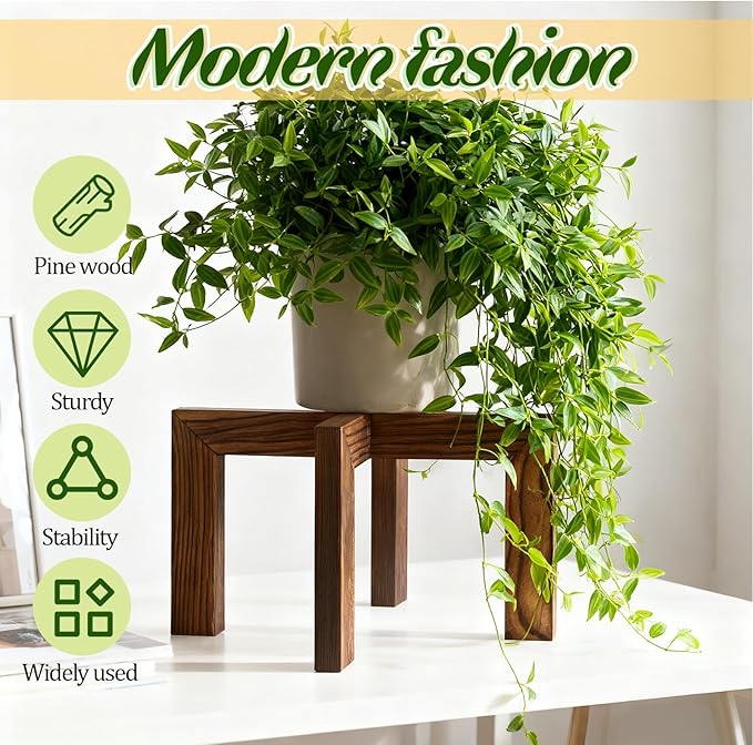 2 Pack Wood Plant Stand, Indoor Outdoor Sturdy Brown Flower Pot Holder Modern Plant Shelf Rattan Flower Plants Stool Elegant Home Decor for 5-18 Inch Pots Patio Variety Pots Easy Assembly