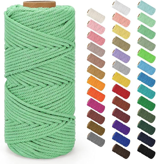 Macrame Cord 4mm x 109Yards (328Feet), Natural Cotton Macrame Rope - 4 Strands Twisted Macrame Cotton Cord for Wall Hanging, Plant Hangers, Crafts, Gift Wrapping and Wedding Decorations, Mint Green