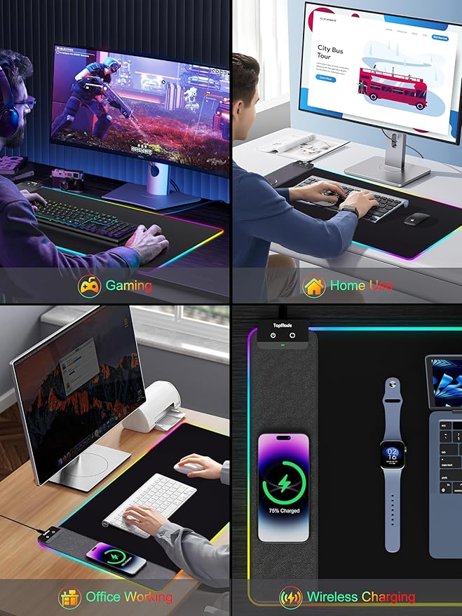 TopMade Mouse Pad with Wireless Charging, 31.5" x 15.75" Large Desk Mat RGB Gaming Mousepad, LED Desk Pad Keyboard Pad with Ultra-Smooth Surface & Non-Slip Rubber Base, Waterproof Desk Pad