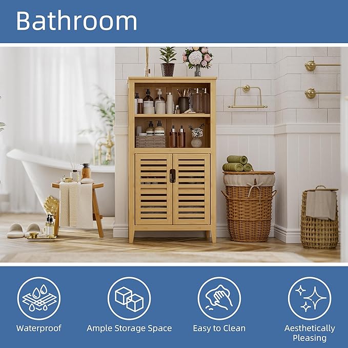 HITNET Bathroom Cabinet Freestanding, Bamboo Storage Cabinet 5-Tier Floor Cupboard with Door and Shelf for Bathroom, Kitchen, Hallway, Natural