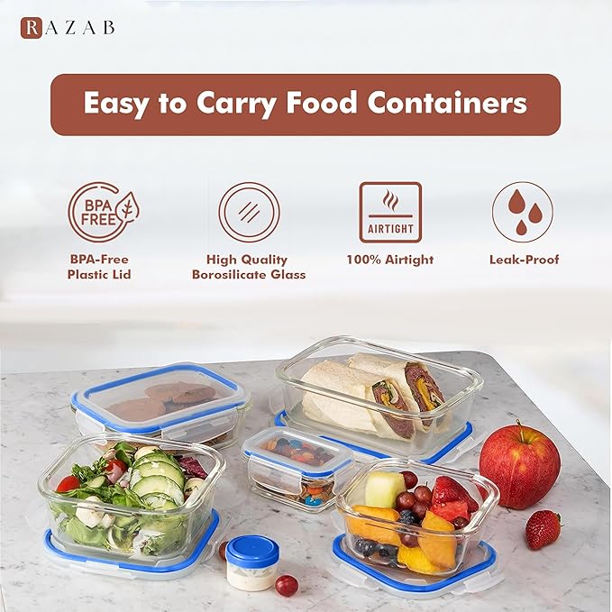 Razab 35 Pc Set Glass Food Storage Containers with Lids - Meal Prep Airtight Bento Boxes BPA-Free 100% Leak Proof (15 lids,15 glass & 5 Plastic Sauce/Dip Containers)