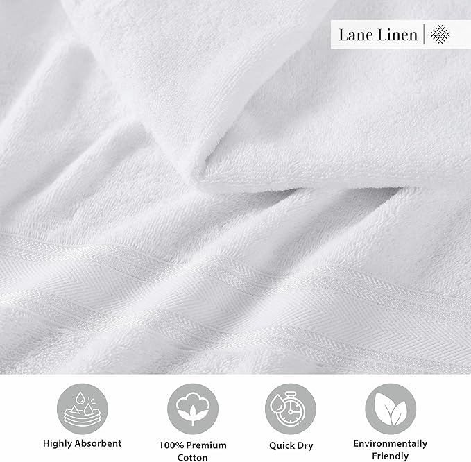 LANE LINEN Towel Set of 18 – 100% Ring-Spun Cotton, Zero Twist, 6 Large Bath Towel, 6 Hand Towels & 6 Wash Cloths, Quick Dry & Long-Lasting, Perfect for Family Bathrooms, Easy Care – White Towels