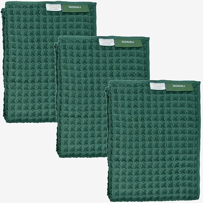 Luxury Japanese Cotton Silk Waffle Bath Towel | Plush, Absorbent, and Quick Dry (Forest Green, Hand Towel (3 Pack))