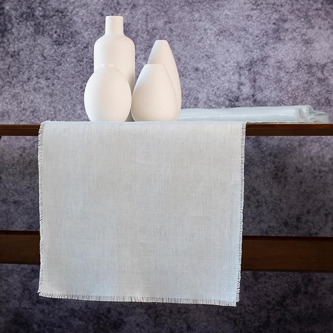 Blue Table Runner with Fringe- 14x90 inches Long 100% Pure Linen Runner for Table, Light Blue Table Runner for Spring and Summer – Machine Washable, Handmade