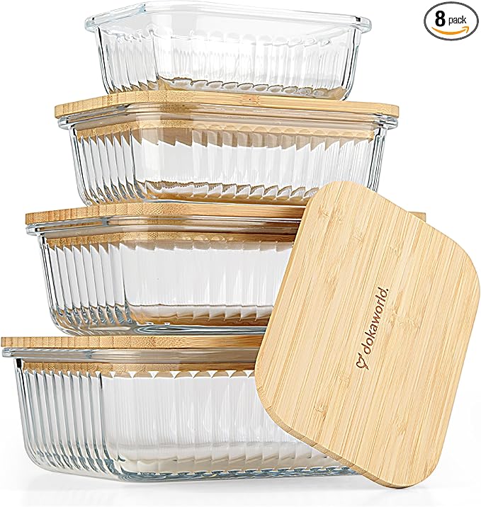 Ribbed Glass Tupperware Set with Bamboo Lids - 4 Stackable Meal Prep Containers. Durable heat resistant Inert Borosilicate Glass