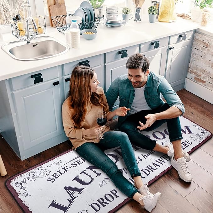 Laundry Room Long Rug Area Rug Non-Slip Floor Mat Waterproof Farmhouse Carpet for Kitchen 72" x 24"(White-1)