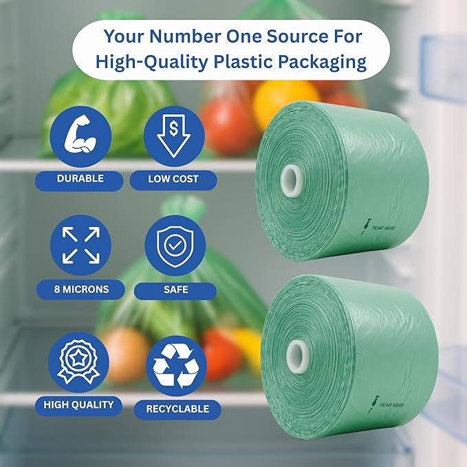 Narrow Profile Produce Bags Roll Green - 950 Bags - 16"x28" – 2 Rolls - 8 Microns – for Grocery, Small Business, Produce Use, Food & Storage Needs, Garden Fresh, Narrow Profile, Kitchen Use