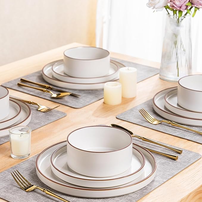 LERATIO Ceramic Dinnerware Sets for 6, High Edge Stoneware Plates and Bowls Set, Chip and Crack Resistant | Oven & Dishwasher & Microwave Safe Dishes Set, Service for 6 -Vanilla White