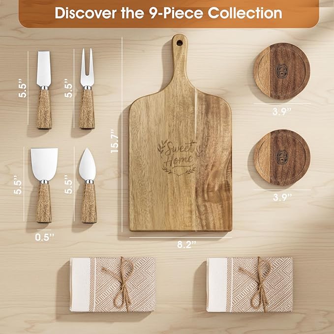 Charcuterie Boards & Cheese Knife Gift Set,Acacia Wood Serving Tray with 8-Piece Accessories (4 Cheese Knives + 2 Coasters + 2 Placemats) - Ideal for Couples Housewarming, Weddings, New Home & Holiday