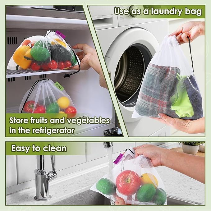 Blcculi 12 Pack Reusable Produce Bags,Mesh Produce Bags,Washable Mesh Grocery Bag with Drawstring &Colorful Tare Weight Tags,See-Through Vegetable Storage Bag for Grocery Shopping,Fruits,3 Sizes