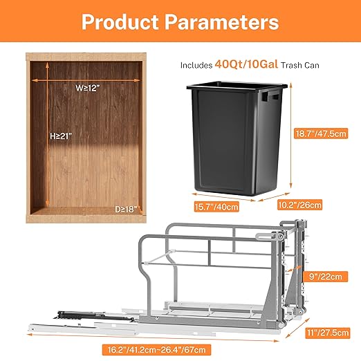 Tiltable 10° Pull Out Trash Can Under Cabinet with 40Qt Bin, Under Sink Trash Can with Soft-Close Slides, Cabinet Trash Can Pull Out Kit, Easy to Take Out Bin for Minimum Cabinets Opening 12" W