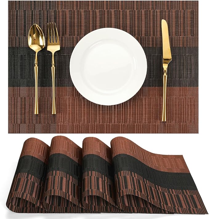 Placemats Set of 4, Vinyl Woven Place Mats Indoor Set of 4 Washable Wipeable PVC Table Mats Heat-Resistant Non Slip Plastic Placemat for Kitchen Dining Outdoor Table (Black Brown, Set of 4)