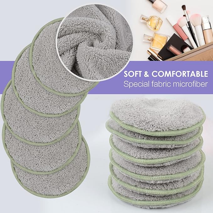 SUNLAND Reusable Makeup Remover Pads for Face,Eye,Lips 16 Pack Microfiber Face Cleansing Gloves Washable with Laundry Bag and Travel Bag Rounds Toner Pads (Round 3.15inchx16, Grey)