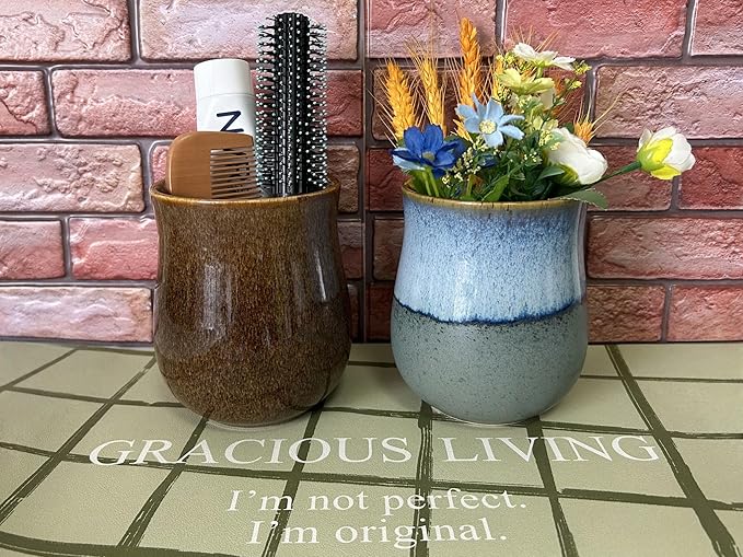 Medium Ceramic Kitchen Utensil Holder for Kitchen Counter Short Cooking Utensil Holder for Countertop Spatula Holder Small Utensil Crock Cutlery Holder Silverware Caddy Flower Vase (Rustic Brown)