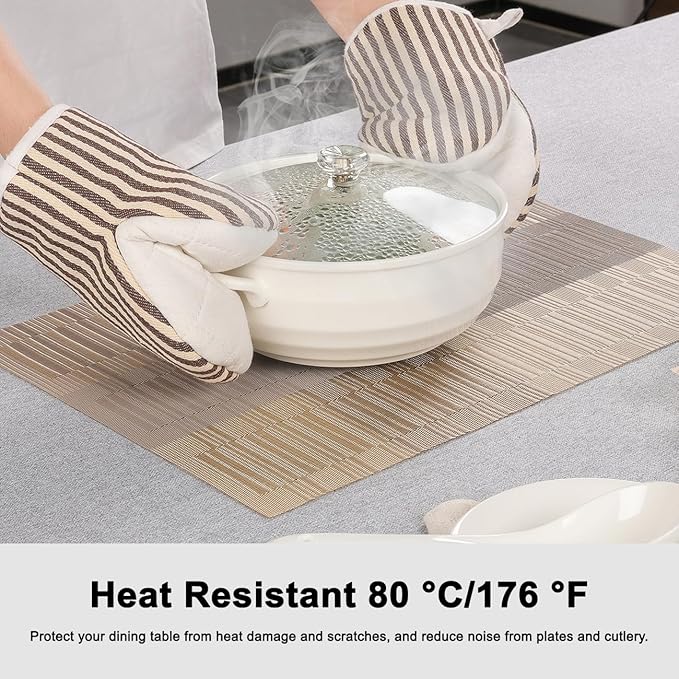 Placemats Set of 8, Vinyl Woven Place Mats Indoor Set of 8 Washable Wipeable PVC Table Mats Heat-Resistant Non Slip Plastic Placemat for Kitchen Dining Outdoor Table (Gray Gold, Set of 8)