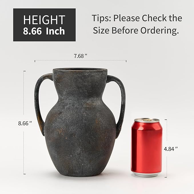 Antique Ceramic Rustic Vase with 2 Handles, Farmhouse Round Flower Vase, Vintage Terracotta Vases for Home Decor, Wedding, Living Room, Table, Shelf Decor - 8.6 Inch Tall, Black Bronze