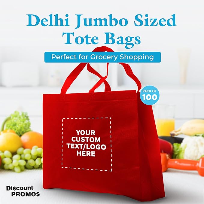 DISCOUNT PROMOS Custom Jumbo Sized Tote Bags Set of 100, Personalized Bulk Pack - Reusable Grocery Bags, Shopping Bags, Promotional Item Totes for Women - Red