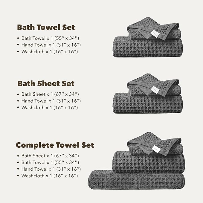 Luxury Japanese Cotton Silk Waffle Bath Towel | Plush, Absorbent, and Quick Dry | Free Storage Bag Included (Smoke Grey, Complete Towel Set (4-Piece))