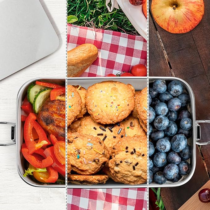 Leonyo 47oz 18/10 Stainless Steel Lunch Box, 1400ml Metal Bento Box for Adults with 2 Dividers, Leak-Proof Bento Snack Containers for Women Man, Dishwasher Safe, Oven Safe Except for Lid