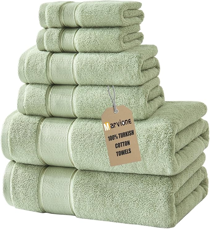 Marvione Bath Towels Set 6 Piece, 100% Turkish Cotton Highly Absorbent and Soft Towels for Bathroom 2 Bath Towels 2 Hand Towels 2 Washcloths, Sage Green