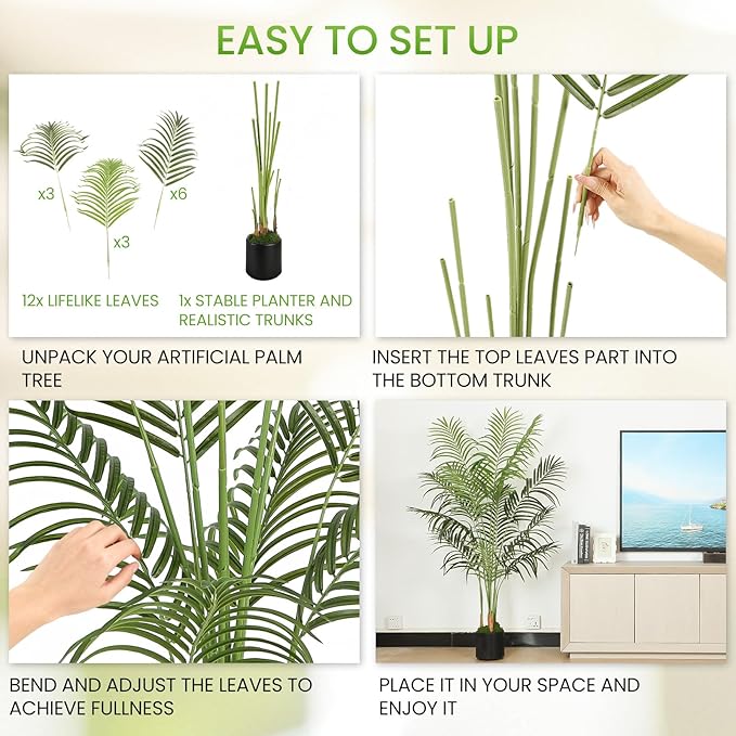 5FT Artificial Palm Tree, Tall Fake Tropical Areca Plant with Black Round Planter for Indoor Outdoor Home Decor, Realistic Faux Palm Tree for Living Room, Office, Porch, Garden