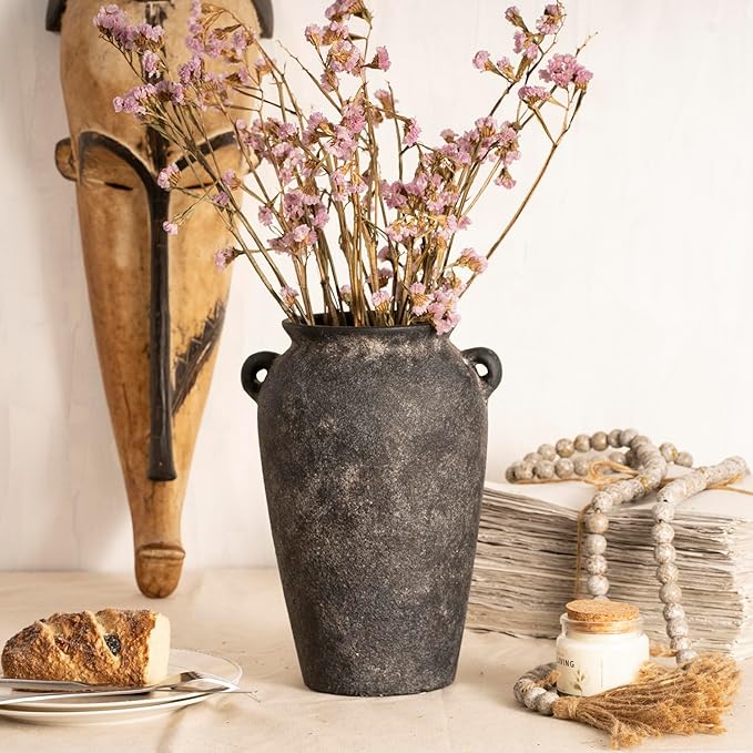 Terracotta Vase 10inch Tall, Farmhouse Distressed Ceramic Pottery, Unique Textured Stoneware Mantel Decoration, Black Boho Vintage Stone Vases for Flowers, Centerpieces, Living Room.