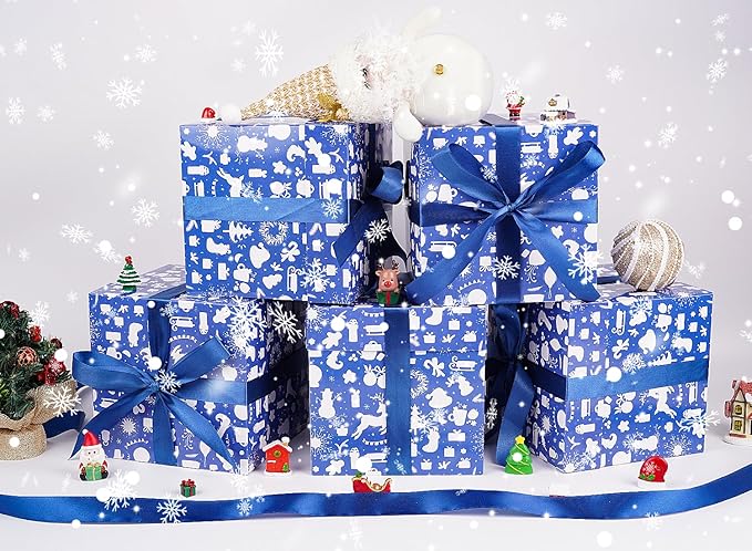 Jaywayang 5 Pack Blue Christmas Gift Boxes with Lids, Ribbons and Tissue Papers Square Gift Boxes - 7.1 Inch - Presents Wrapping Christmas Gift Holiday New Year Party Favor Boxes.