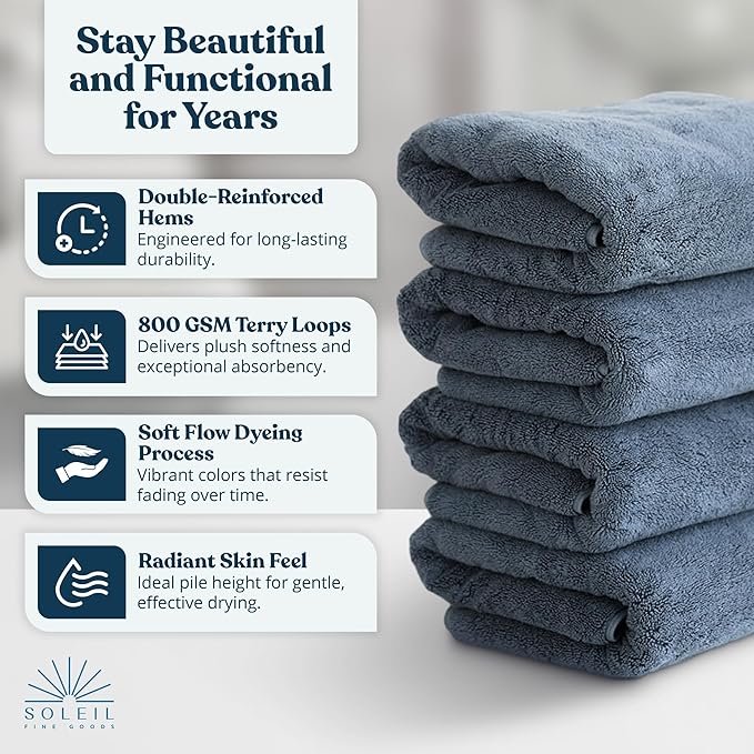 Soleil Fine Goods Luxurious 800 GSM 100% Cotton Bath Towel Set (4-Pack, 27x54) - Heavyweight & Ultra Absorbent, Plush Softness for Bathroom | Hotel & Spa Quality Luxury Towels- Blue Grey